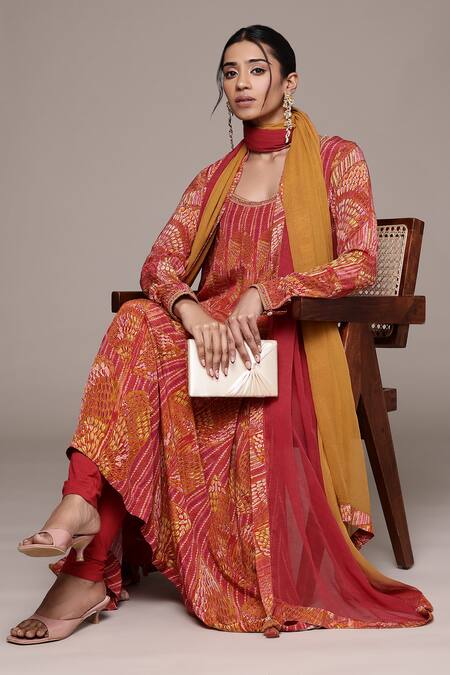 Shop_Ritu Kumar_Orange Viscose Round Neck Rust Jhanvi Kurta Set _Online_at_Aza_Fashions