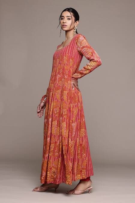 Ritu Kumar_Orange Viscose Round Neck Rust Jhanvi Kurta Set _at_Aza_Fashions