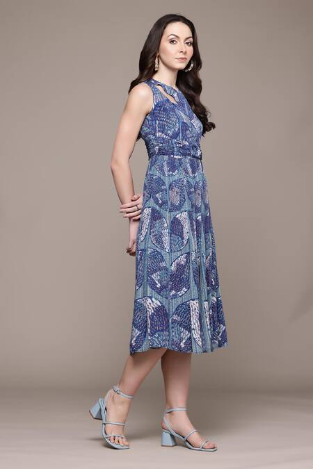 Ritu Kumar_Blue Viscose Round Neck Printed Midi Dress _Online_at_Aza_Fashions