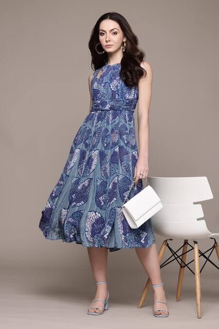 Buy_Ritu Kumar_Blue Viscose Round Neck Printed Midi Dress _Online_at_Aza_Fashions