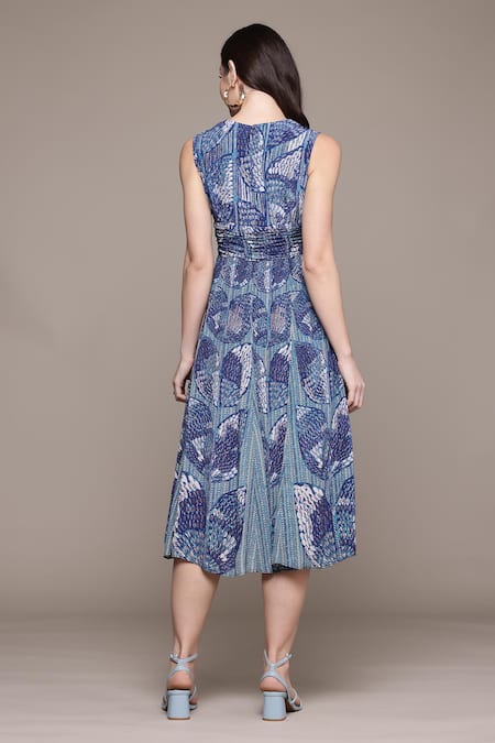 Shop_Ritu Kumar_Blue Viscose Round Neck Printed Midi Dress _at_Aza_Fashions