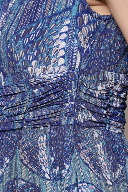 Shop_Ritu Kumar_Blue Viscose Round Neck Printed Midi Dress _Online_at_Aza_Fashions