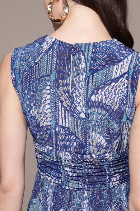 Ritu Kumar_Blue Viscose Round Neck Printed Midi Dress _at_Aza_Fashions