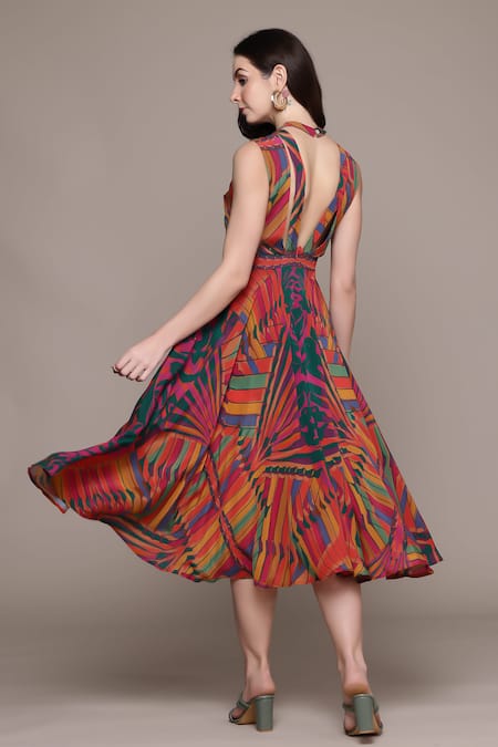 Shop Ritu Kumar Multi Color Viscose, Crepe Round Neck Kaleido Long Dress at Aza Fashions Shop_Ritu Kumar_Multi Color Viscose, Crepe Round Neck Kaleido Long Dress _at_Aza_Fashions