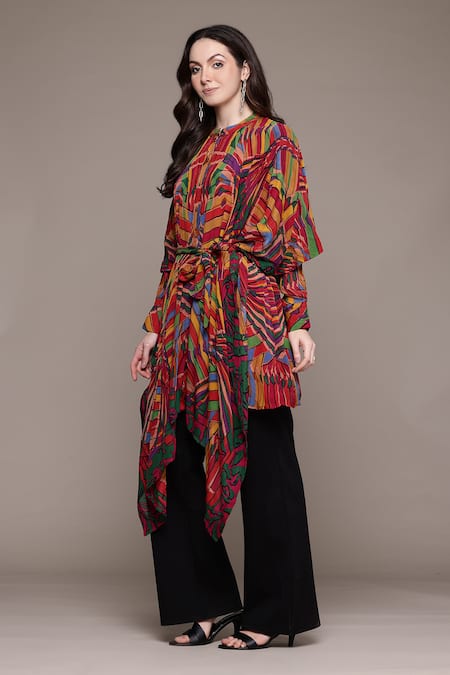 Ritu Kumar_Multi Color Viscose Round Neck Kaleido Asymmetrical Kurta _Online_at_Aza_Fashions