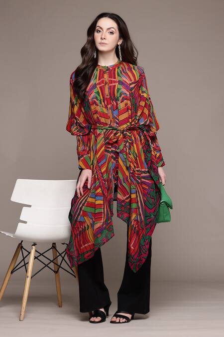 Buy_Ritu Kumar_Multi Color Viscose Round Neck Kaleido Asymmetrical Kurta _Online_at_Aza_Fashions