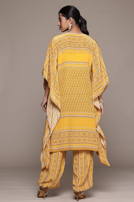 Shop_Ritu Kumar_Yellow Viscose V-neck Printed Kurta Set With Pant _at_Aza_Fashions