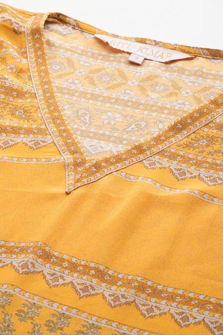 Ritu Kumar Yellow Viscose V-neck Printed Kurta Set With Pant Online at Aza Fashions Ritu Kumar_Yellow Viscose V-neck Printed Kurta Set With Pant _Online_at_Aza_Fashions