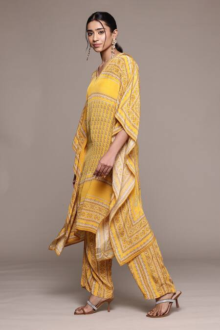 Buy_Ritu Kumar_Yellow Viscose V-neck Printed Kurta Set With Pant _Online_at_Aza_Fashions