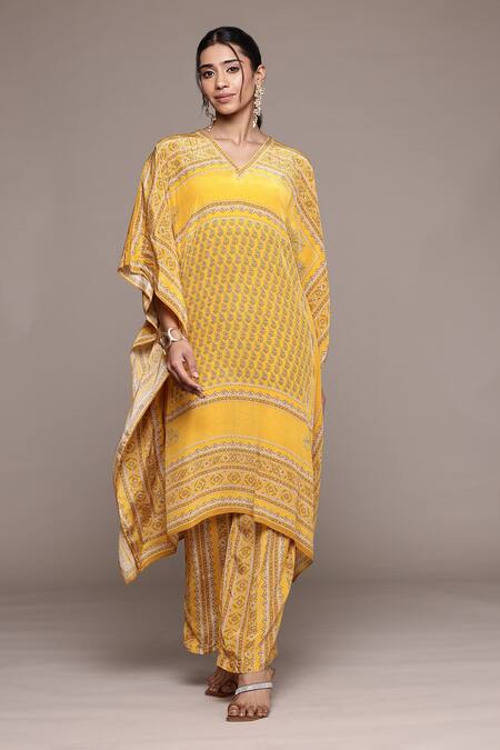 Shop_Ritu Kumar_Yellow Viscose V-neck Printed Kurta Set With Pant _Online_at_Aza_Fashions