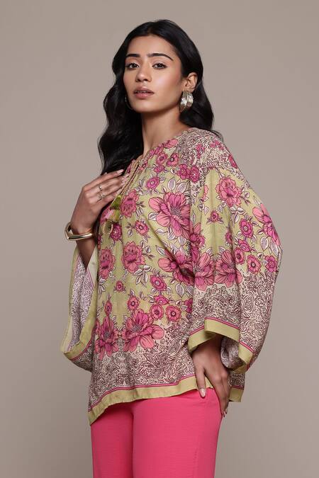 Buy_Ritu Kumar_Green Viscose, Silk Tassels Round Neck Floral Print Kurti_Online_at_Aza_Fashions
