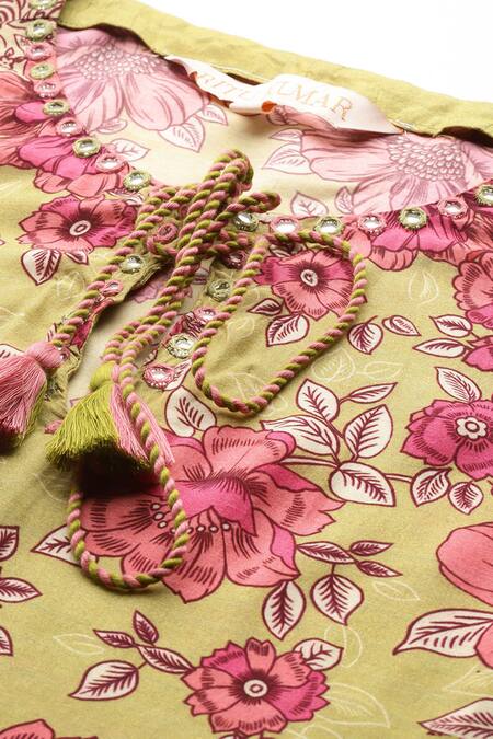 Shop_Ritu Kumar_Green Viscose, Silk Tassels Round Neck Floral Print Kurti_Online_at_Aza_Fashions