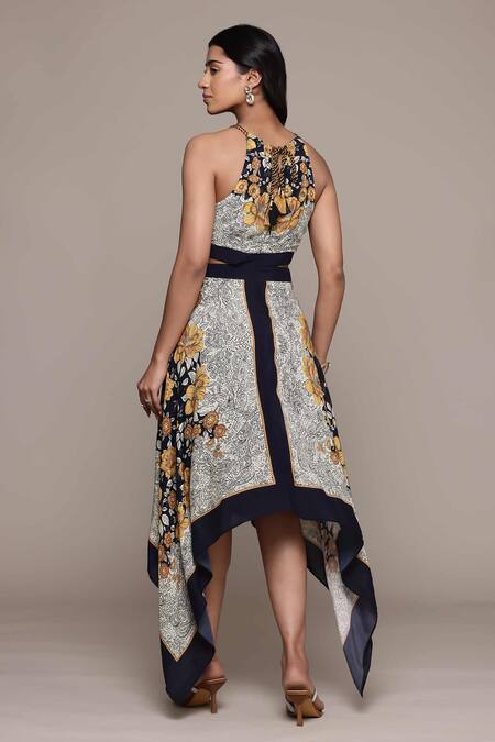 Shop Ritu Kumar Black Viscose Embroidery Round Neck Floral Print Asymmetrical Midi Dress at Aza Fashions Shop_Ritu Kumar_Black Viscose Embroidery Round Neck Floral Print Asymmetrical Midi Dress _at_Aza_Fashions