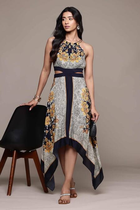 Ritu Kumar Black Viscose Embroidery Round Neck Floral Print Asymmetrical Midi Dress Online at Aza Fashions Ritu Kumar_Black Viscose Embroidery Round Neck Floral Print Asymmetrical Midi Dress _Online_at_Aza_Fashions