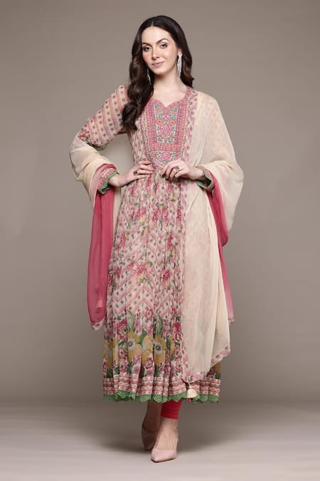 Ritu Kumar_Beige Cotton Embroidery V-neck Floral Print Kurta Set _Online_at_Aza_Fashions