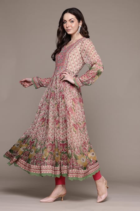 Buy_Ritu Kumar_Beige Cotton Embroidery V-neck Floral Print Kurta Set _Online_at_Aza_Fashions