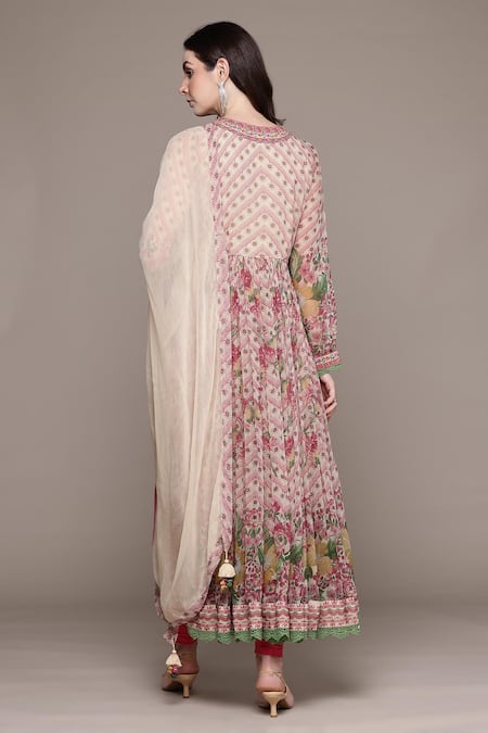 Shop_Ritu Kumar_Beige Cotton Embroidery V-neck Floral Print Kurta Set _at_Aza_Fashions