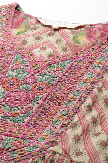 Buy Ritu Kumar Beige Cotton Embroidery V-neck Floral Print Kurta Set Buy_Ritu Kumar_Beige Cotton Embroidery V-neck Floral Print Kurta Set