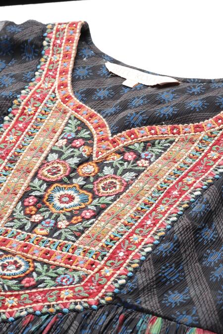 Shop_Ritu Kumar_Black Chiffon, Cotton Embroidery V-neck Floral Kurta Set