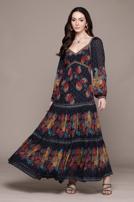 Ritu Kumar_Black Viscose, Chiffon Embroidery V-neck Floral Print Maxi Dress _Online_at_Aza_Fashions
