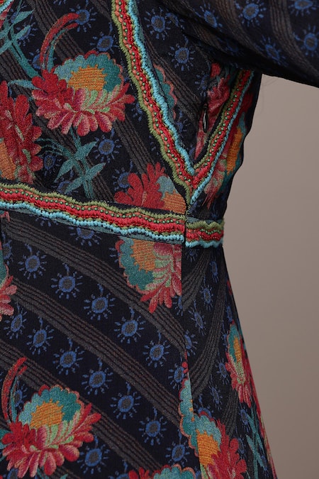 Buy_Ritu Kumar_Black Viscose, Chiffon Embroidery V-neck Floral Print Maxi Dress _Online_at_Aza_Fashions