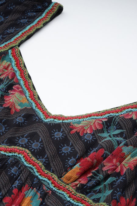 Shop_Ritu Kumar_Black Viscose, Chiffon Embroidery V-neck Floral Print Maxi Dress _Online_at_Aza_Fashions