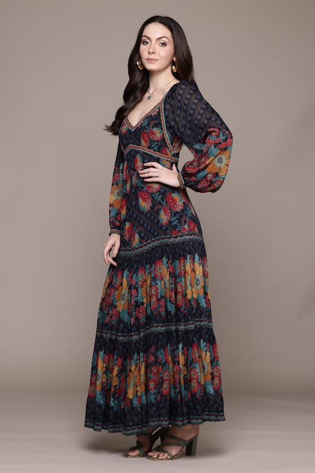 Ritu Kumar_Black Viscose, Chiffon Embroidery V-neck Floral Print Maxi Dress _at_Aza_Fashions
