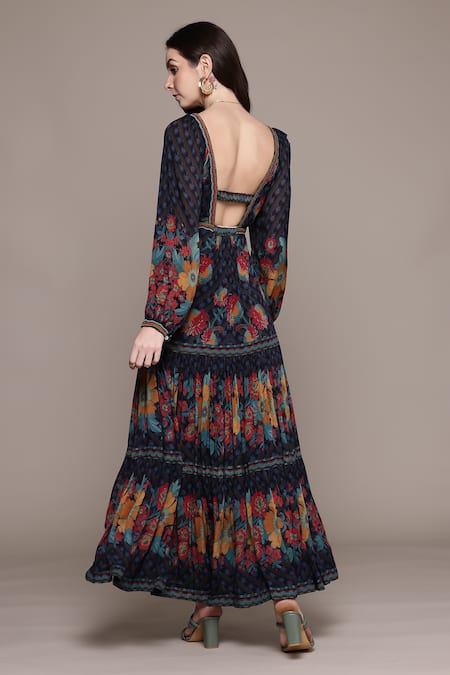 Shop_Ritu Kumar_Black Viscose, Chiffon Embroidery V-neck Floral Print Maxi Dress _at_Aza_Fashions