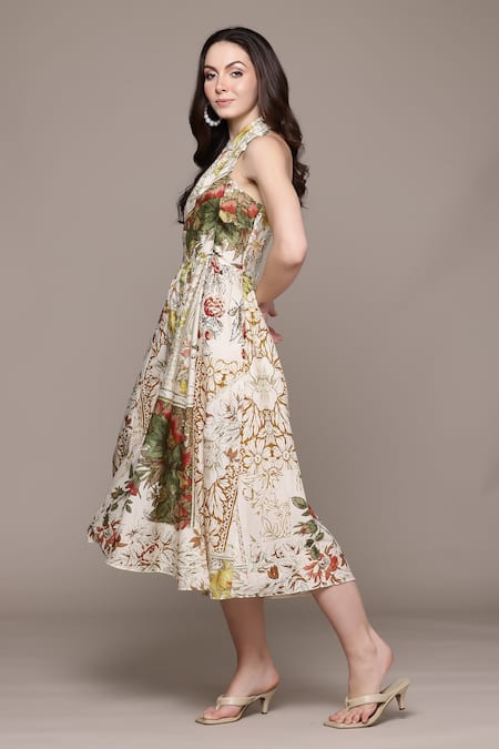 Ritu Kumar Off White Cotton Halter Neck Floral Print Pierra Midi Dress Online at Aza Fashions Ritu Kumar_Off White Cotton Halter Neck Floral Print Pierra Midi Dress _Online_at_Aza_Fashions