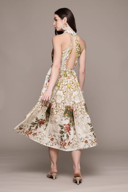 Shop Ritu Kumar Off White Cotton Halter Neck Floral Print Pierra Midi Dress at Aza Fashions Shop_Ritu Kumar_Off White Cotton Halter Neck Floral Print Pierra Midi Dress _at_Aza_Fashions