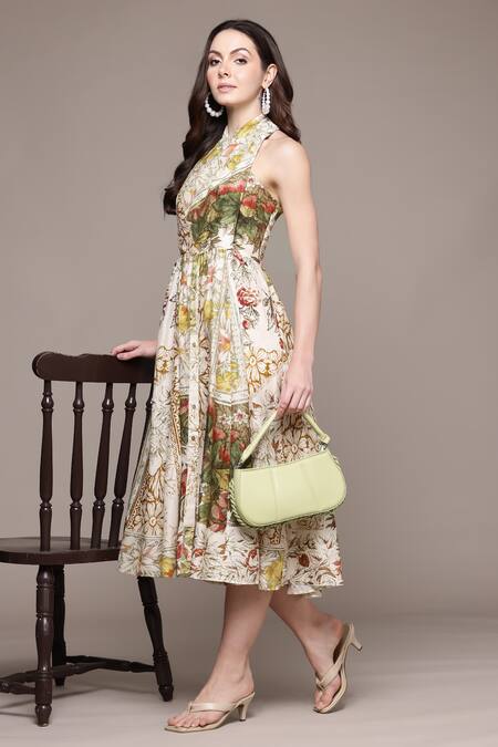 Buy Ritu Kumar Off White Cotton Halter Neck Floral Print Pierra Midi Dress Online at Aza Fashions Buy_Ritu Kumar_Off White Cotton Halter Neck Floral Print Pierra Midi Dress _Online_at_Aza_Fashions