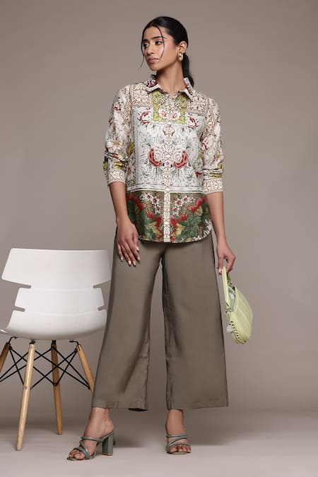 Ritu Kumar_Off White Cotton, Silk Embroidery Collared Floral Print Pierra Shirt _Online_at_Aza_Fashions