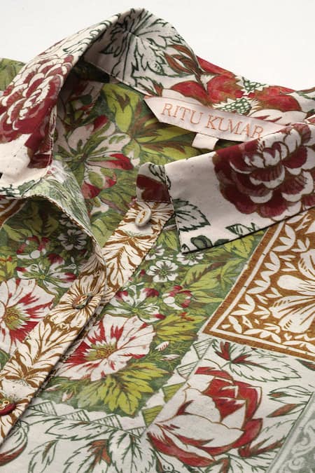 Buy_Ritu Kumar_Off White Cotton, Silk Embroidery Collared Floral Print Pierra Shirt _Online_at_Aza_Fashions