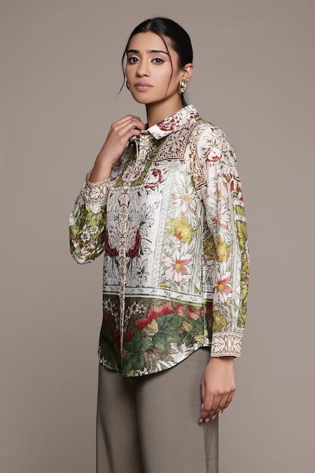 Shop_Ritu Kumar_Off White Cotton, Silk Embroidery Collared Floral Print Pierra Shirt _Online_at_Aza_Fashions