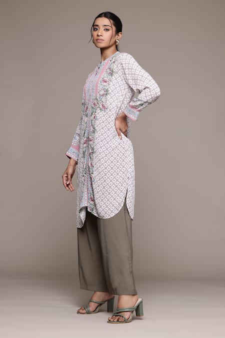 Ritu Kumar_Pink Cotton Embroidery Collared Floral Long Kurta _Online_at_Aza_Fashions