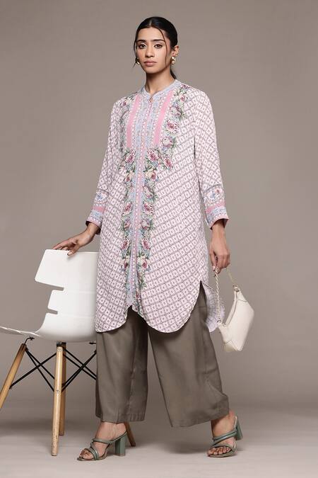 Buy_Ritu Kumar_Pink Cotton Embroidery Collared Floral Long Kurta _Online_at_Aza_Fashions