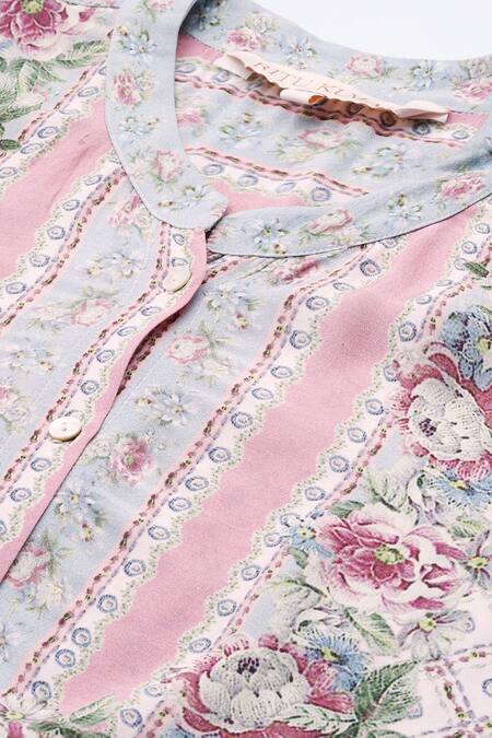 Shop_Ritu Kumar_Pink Cotton Embroidery Collared Floral Long Kurta _Online_at_Aza_Fashions