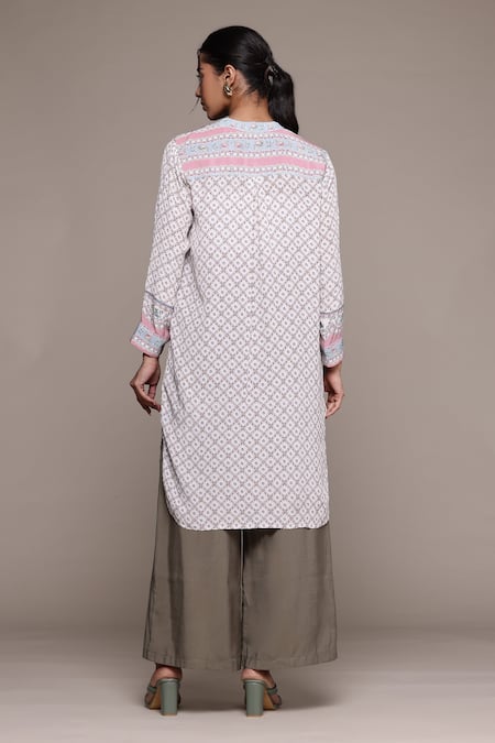 Shop_Ritu Kumar_Pink Cotton Embroidery Collared Floral Long Kurta _at_Aza_Fashions