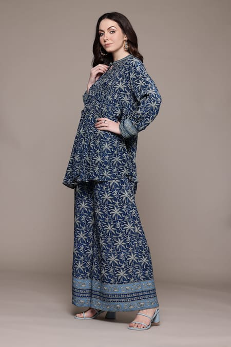Ritu Kumar_Blue Viscose Embroidery Round Neck Floral Printed Kurta Set _Online_at_Aza_Fashions
