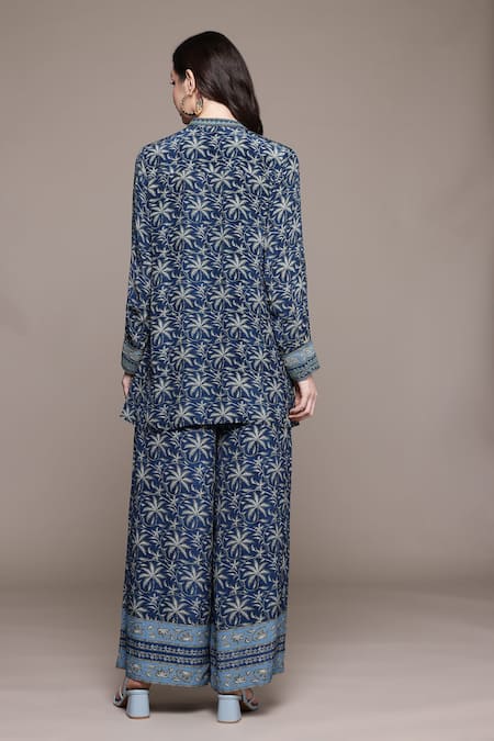 Shop_Ritu Kumar_Blue Viscose Embroidery Round Neck Floral Printed Kurta Set _at_Aza_Fashions