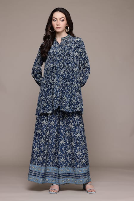Buy_Ritu Kumar_Blue Viscose Embroidery Round Neck Floral Printed Kurta Set _Online_at_Aza_Fashions