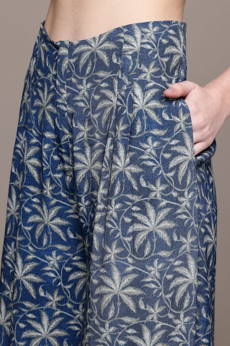 Ritu Kumar_Blue Viscose Embroidery Round Neck Floral Printed Kurta Set _at_Aza_Fashions