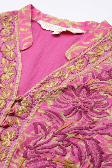 Ritu Kumar_Pink Cotton, Silk Embroidery V-neck Ramya Short Dress _Online_at_Aza_Fashions