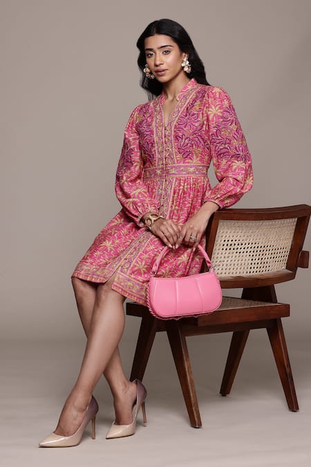 Buy_Ritu Kumar_Pink Cotton, Silk Embroidery V-neck Ramya Short Dress _Online_at_Aza_Fashions