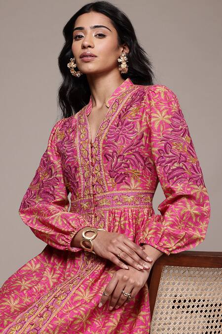 Ritu Kumar_Pink Cotton, Silk Embroidery V-neck Ramya Short Dress _at_Aza_Fashions