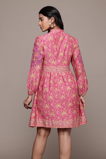 Shop_Ritu Kumar_Pink Cotton, Silk Embroidery V-neck Ramya Short Dress _at_Aza_Fashions