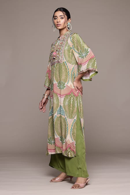 Ritu Kumar_Green Viscose Embroidery Round Neck Rubani Print Kurta Set _Online_at_Aza_Fashions