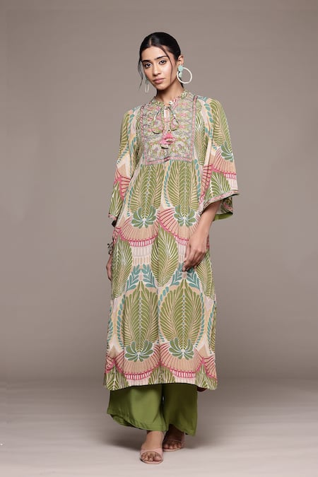 Buy_Ritu Kumar_Green Viscose Embroidery Round Neck Rubani Print Kurta Set _Online_at_Aza_Fashions