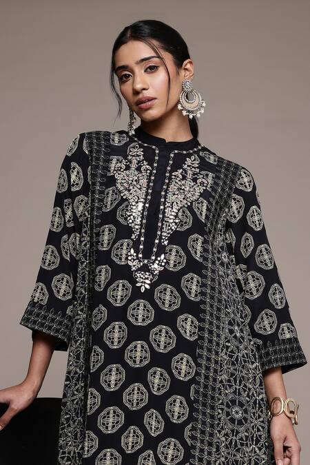 Shop_Ritu Kumar_Black Viscose, Crepe Sequins Round Neck Printed Saatchi Kurta Set _Online_at_Aza_Fashions