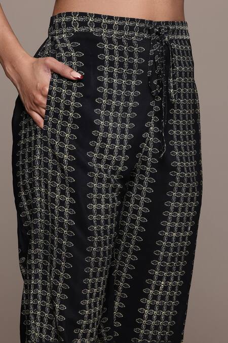 Ritu Kumar_Black Viscose, Crepe Sequins Round Neck Printed Saatchi Kurta Set _at_Aza_Fashions